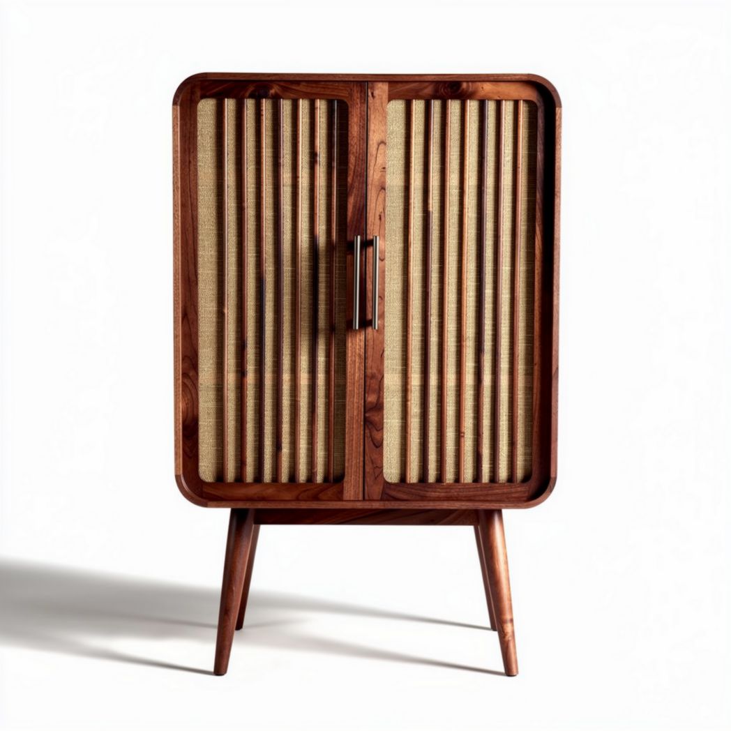 Wooden cabinet with woven rattan doors 90 x 50 x 120cm for storage use