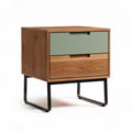 Wood and metal nightstand with two drawers in walnut and green finish 45 x 40 x 50cm