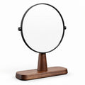 Round table mirror with walnut base and black metal frame 25 x 15 x 40cm