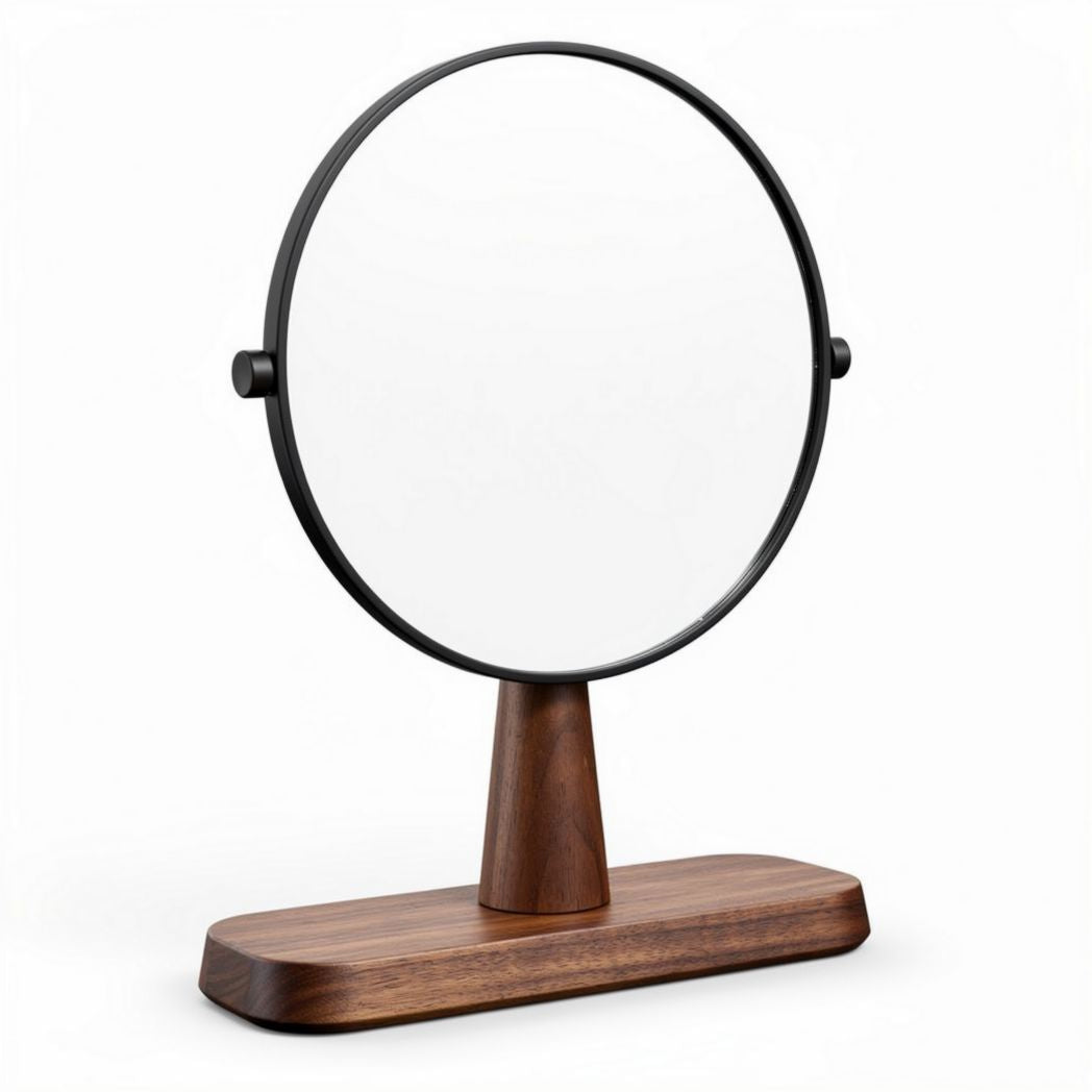 Round table mirror with walnut base and black metal frame 25 x 15 x 40cm