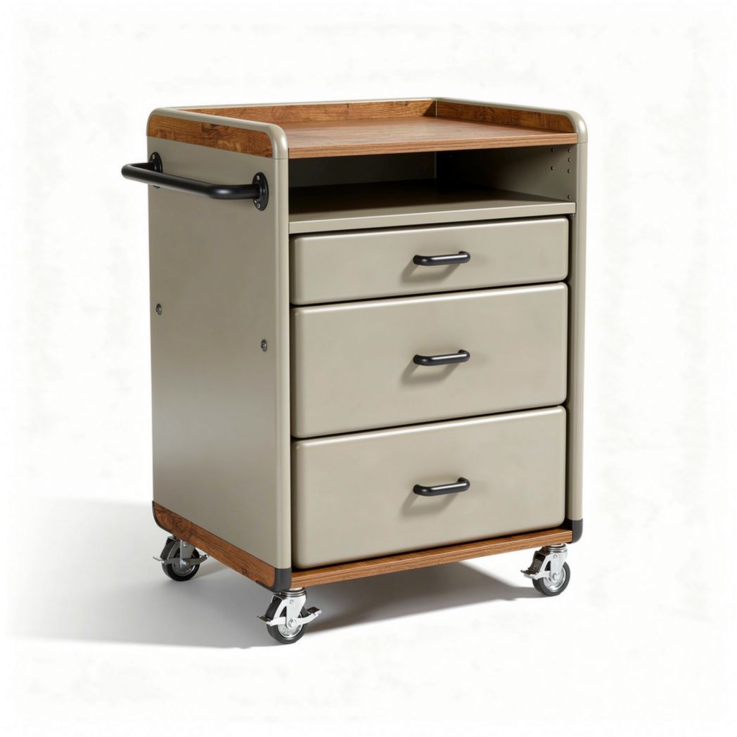 Metal rolling cart with three drawers and wooden top in beige color 80 x 45 x 90cm