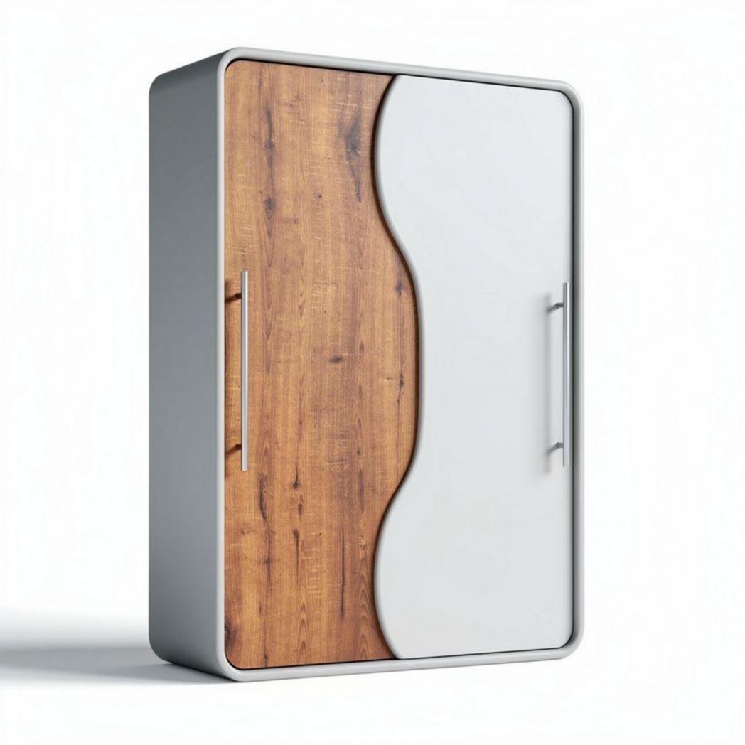 Modern wooden and white metal cabinet with two doors 70 x 50 x 120cm