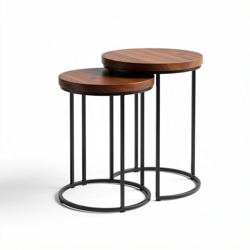 Wooden top nesting tables with metal legs set of two 40 x 40 x 50cm