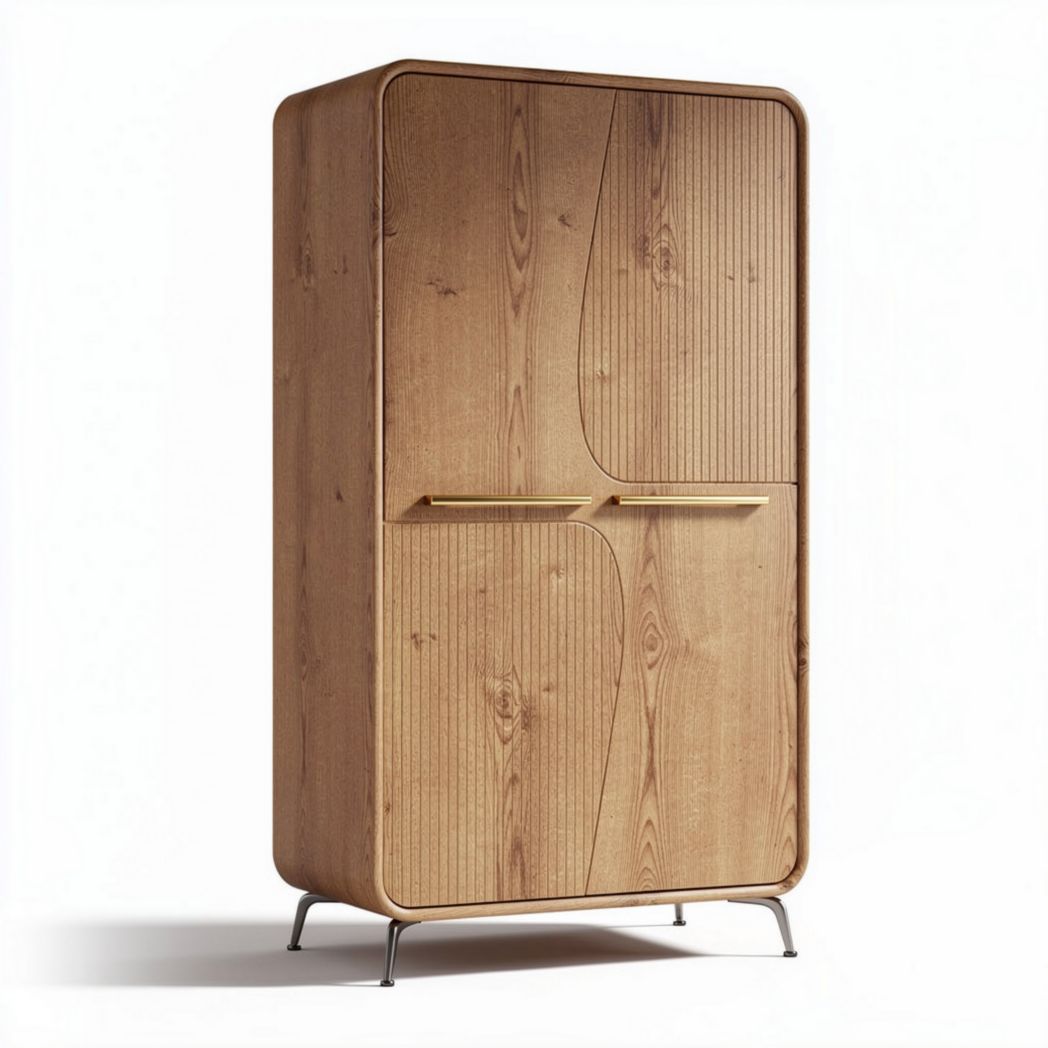 Wooden wardrobe with curved panel design and minimalist gold handles 180 x 80 x 40cm