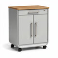 Mobile storage cabinet with oak top two doors and gray body 45 x 40 x 60cm