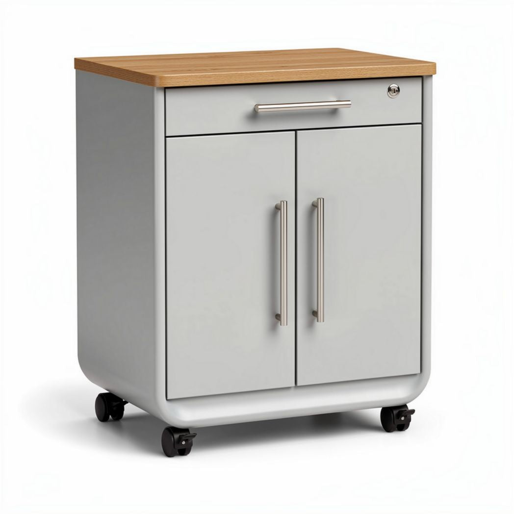 Mobile storage cabinet with oak top two doors and gray body 45 x 40 x 60cm