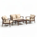 Outdoor patio furniture set with beige cushions and wooden frame
