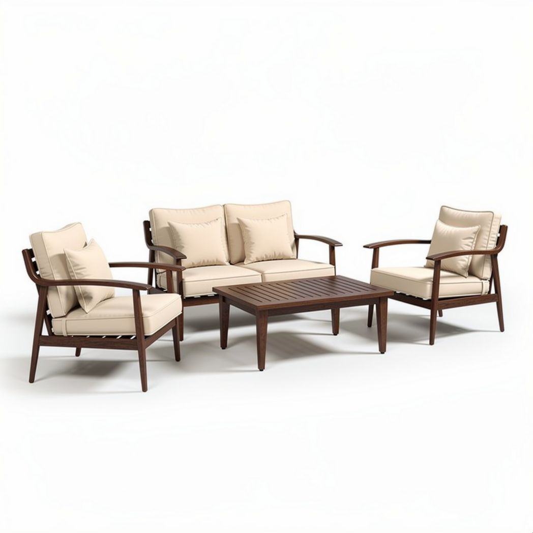 Outdoor patio furniture set with beige cushions and wooden frame